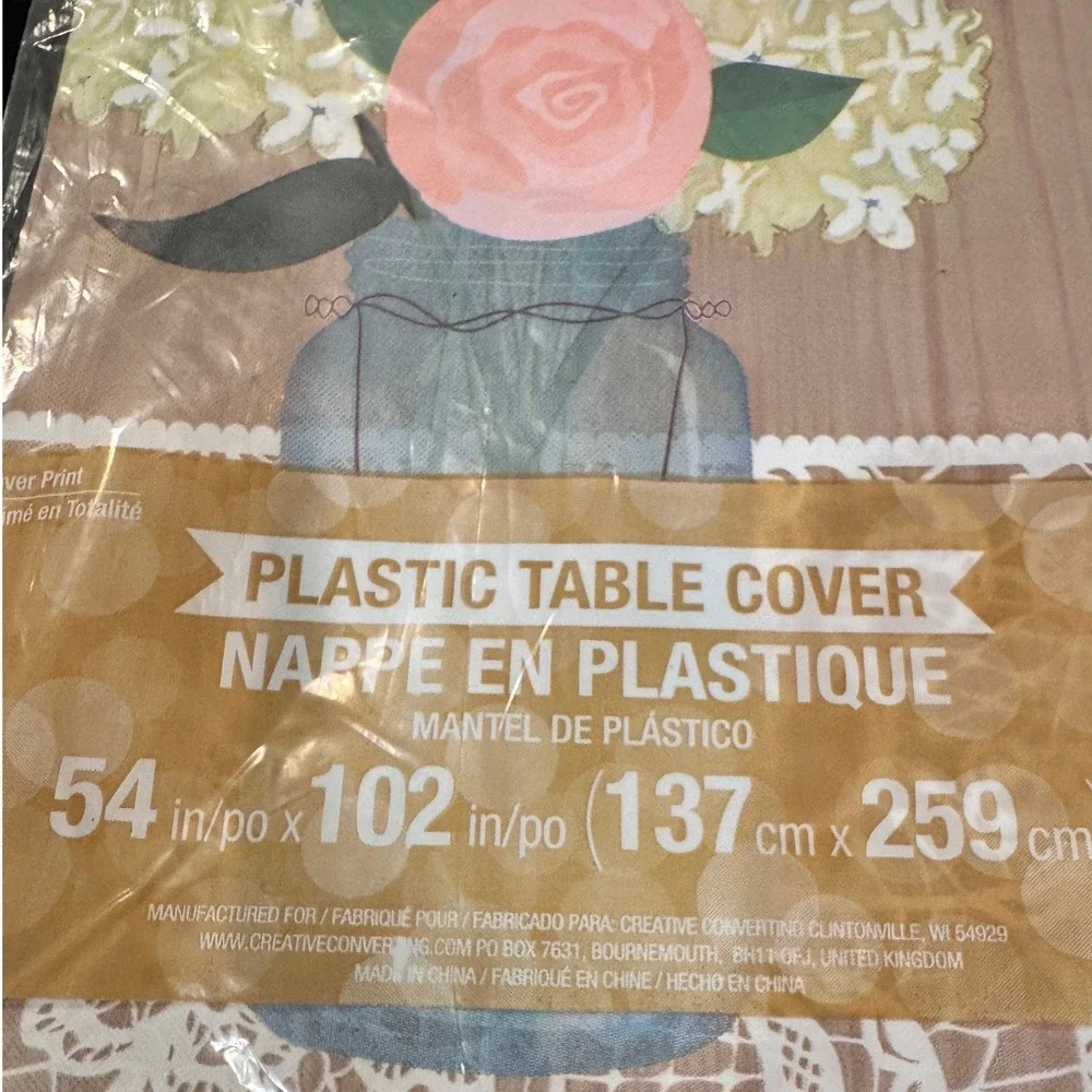 Creative Converting Floral Mason Jar Plastic Table‎ Cover 54x102 inch disposable